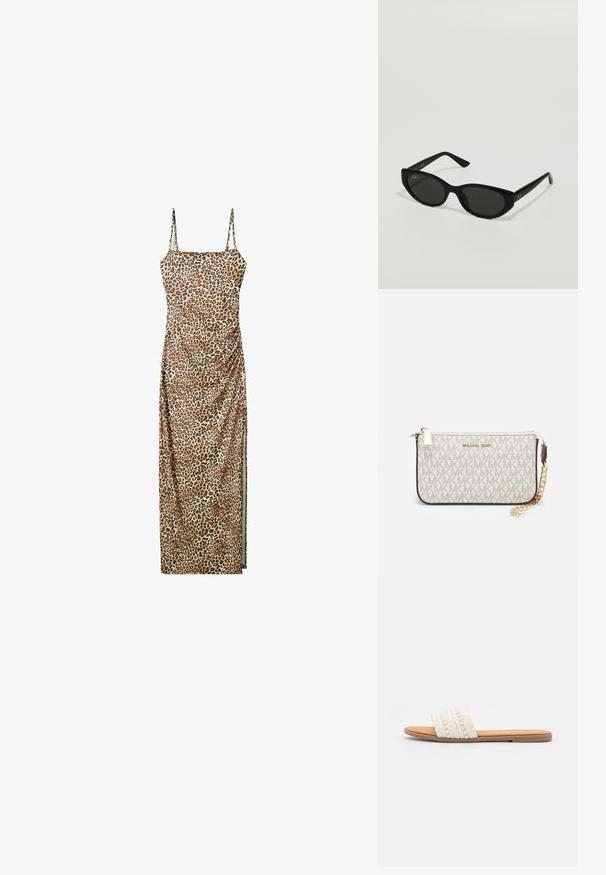 Maxi mekko leopardikuosilla, jossa on säädettävät olkaimet, rypistetty sivusomistus ja sileä, kevyt kangas.; Valkoinen kudottu liukusandaali, jossa on punottu pinta ja koristehelmillä varustettu, sekä sileä ruskea pohja ja litteä kumipohja.; Mustat aurinkolasit, joissa on kapea kissamainen muoto. Valmistettu sileästä muovista, tummilla linsseillä ja hienovaraisilla logokorostuksilla temples.; Michael Kors kääröbeige pinnoitettua kangasta, jossa on toistuva MK-logo -kuvio, kultaiset yksityiskohdat ja irrotettava ketjuhihna.