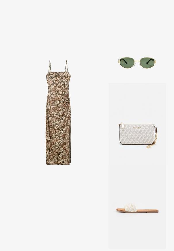 Maxi kjole med leopardmønster, justerbare spaghettistropper, samlede sidelæg og et glat, let materiale.; Hvide vævede slidesandaler med flettet tekstur og dekorative perler, der har en glat tan fodseng og flad gummisål.; Solfarvede solbriller med guldmetalramme, grønne linser, oval form, sorte stænger og klare næsepuder. Rent, minimalistisk design.; Michael Kors håndleddstropp i beige belagt lær med et gentaget MK-logo mønster, guld hardware og en aftagelig kædestrop.