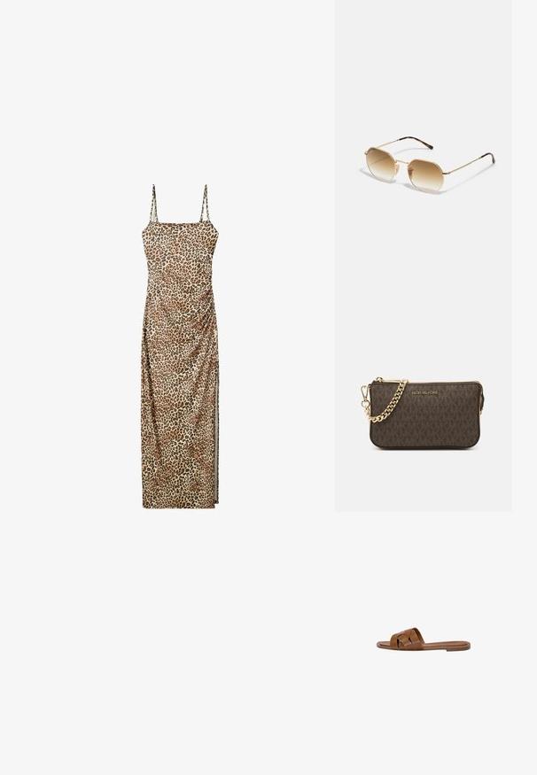 Robe maxi imprimé léopard avec bretelles spaghetti réglables, détails froncés sur le côté et tissu lisse et léger.; Sandale en cuir marron avec des brides croisées, semelle plate et texture lisse. Design simple sans embellissements ni motifs.; Lunettes de soleil en métal doré avec une monture octogonale, des verres dégradés marron et des accents en écaille de tortue sur les branches. Design léger.; Sac en cuir brun à bandoulière avec motif logo, bandoulière en chaîne dorée, fermeture éclair et accents de quincaillerie dorée. Forme compacte et rectangulaire.