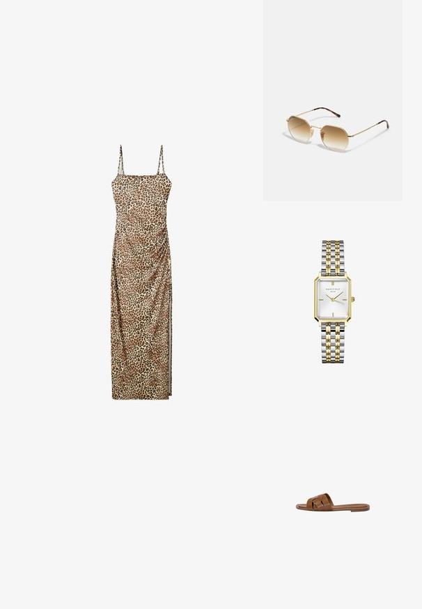 Robe maxi imprimé léopard avec bretelles spaghetti réglables, détails froncés sur le côté et tissu lisse et léger.; Sandale en cuir marron avec des brides croisées, semelle plate et texture lisse. Design simple sans embellissements ni motifs.; Lunettes de soleil en métal doré avec une monture octogonale, des verres dégradés marron et des accents en écaille de tortue sur les branches. Design léger.; Montre en métal doré et argenté avec un boîtier rectangulaire, un cadran texturé blanc, deux aiguilles dorées et un bracelet à maillons poli et brossé.