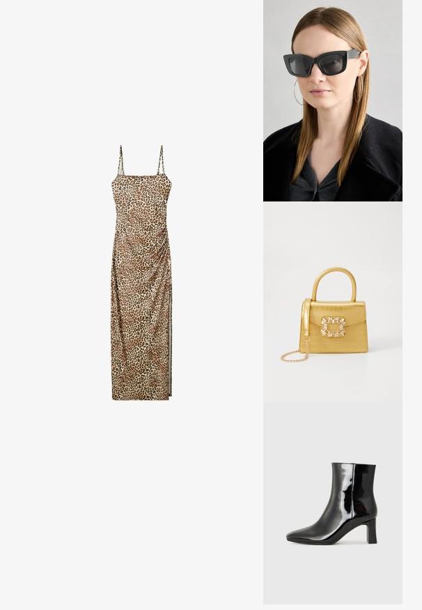 Maxikleid mit Leopardenmuster, verstellbaren Spaghettiträgern, gerafften Seitendetails und einem glatten, leichten Stoff.; Schwarzer Lackleder-Stiefelette mit spitzer Zehe und einem mittelhohen Blockabsatz. Glatte Textur und minimalistisches Design.; Schwarze Katzenaugen-Sonnenbrille mit dunklen Gläsern, dicken Rahmen und subtilen Akzenten. Getragen mit einem schwarzen Mantel und einem grauen Oberteil, dazu lange, glatte Haare.; Gelbe Kunstleder-Handtasche im Krokodil-Look mit strukturiertem Design, Obergriff, abnehmbarem Kettenriemen und dekorativer Kristallverzierung am Verschluss.
