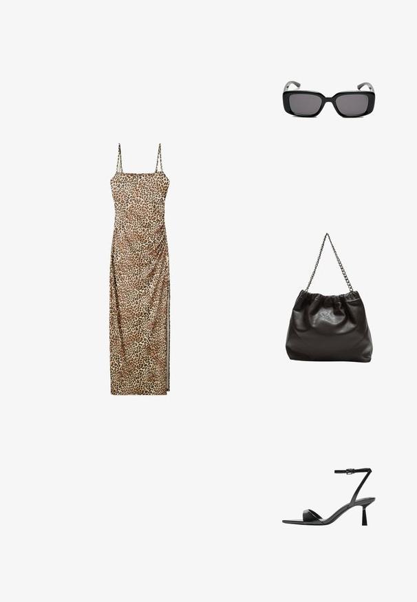 Robe maxi imprimé léopard avec bretelles spaghetti réglables, détails froncés sur le côté et tissu lisse et léger.; Bershka Sandales à talons hauts - black; Lunettes de soleil noires rectangulaires avec des verres foncés, monture en plastique lisse et branches courbées. Le design est épais avec une esthétique minimaliste.; Sac en cuir marron avec un haut froncé et une bandoulière en chaîne. Texture lisse avec une finition brillante et des coutures subtiles sur les côtés.