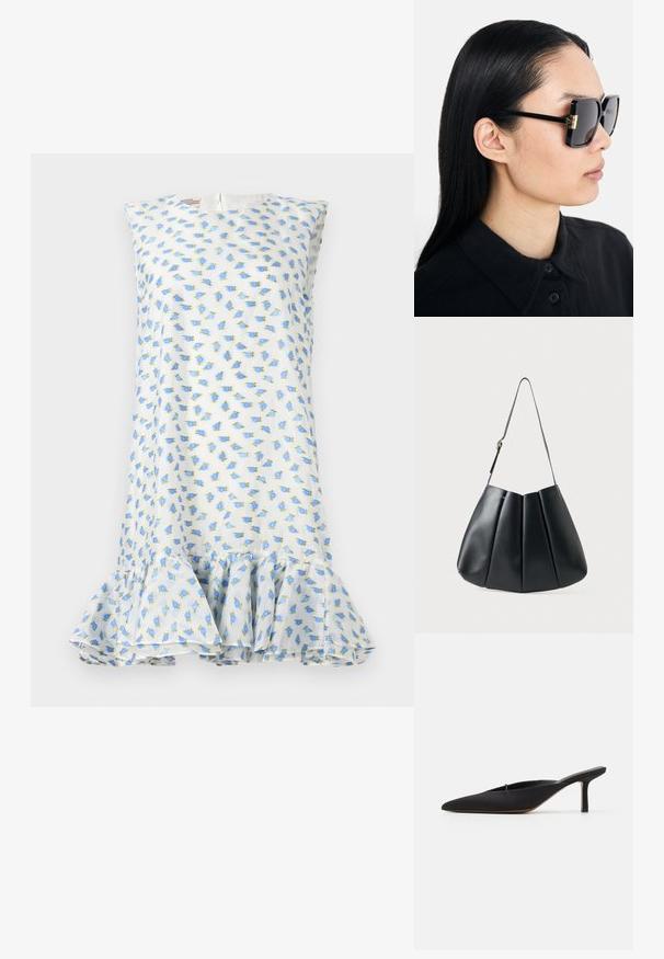 Balto fonu suknička su mėlynomis ir žaliomis gėlėmis. Be rankovių, apvaliu kaklu ir raukšlių detalėmis apačioje. Lengvas audinys.; Juodos smailianosios mule tipo basutės su elegantišku dizainu, pagamintos iš lygaus audinio, su lieknu kulnu ir atvira nugara patogiam užsidėjimui.; Tory Burch Akiniai nuo saulės - black/dark grey; Juodas odinis peties krepšys su raukšlėtu dizainu, lygia tekstūra, viena juosta ir subtiliu auksiniu akcentu.
