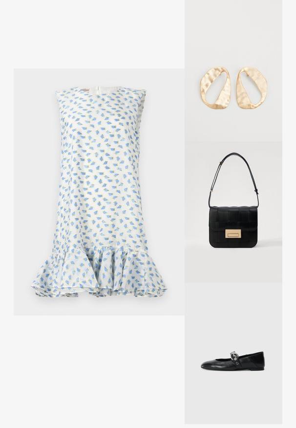 Virágmintás ruha fehér alapon kék és zöld virágokkal. Ujjatlan, kerek nyakkivágású, és fodros szegéllyel az alján. Könnyű anyag.; Fekete bőr balettcipők, hegyes orral, kör alakú fémbújtatóval ellátott pánttal és lapos talppal.; Loeffler Randall DESI CROSSBODY WITH LOCK HARDWARE - Keresztpántos táska - black; Egy pár szabálytalan, ovális formájú, aranyszínű fém fülbevaló, enyhén kalapált felülettel, fehér háttéren.