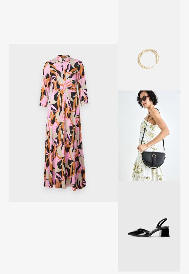 Długa sukienka zapinana na guziki, wykonana z materiału w mieszance abstrakcyjnych wzorów w odcieniach różu, czerni, beżu i brązu; posiada rękawy do trzech czwartych.; Czarne lakierowane półbuty na obcasie z wydłużonym noskiem i geometrycznym słupkiem. Charakteryzują się eleganckim, minimalistycznym designem oraz gładką fakturą.; Czarna skórzana torebka o zakrzywionym kształcie, z odpinanym paskiem i złotymi akcentami. Torebka posiada klapę z zapięciem w kształcie klamry.; Pierścionek w odcieniu złota z organicznym, skręconym wzorem, o gładkiej fakturze i zwężających się końcach, tworzący nowoczesny, rzeźbiarski wygląd.