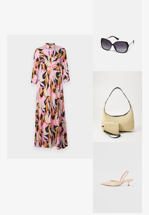 Rochie lungă, cu nasturi, realizată dintr-un material cu un amestec de modele abstracte în nuanțe de roz, negru, bej și maroniu; are mâneci trei sferturi.; Pantofi cu toc slingback din piele patent bej, cu vârf ascuțit și toc subțire, pătrat. Textură netedă și design minimalist, fără detalii decorative.; Ochelari de soare negri, supradimensionați, cu lentile degradate, rame groase și detalii cu lanț de ton auriu pe brațele templului.; Geantă din paie țesută, cu o siluetă curbată, având o curea din piele neagră netedă și un plic mic asortat, atașat printr-un breloc pentru încheietură.