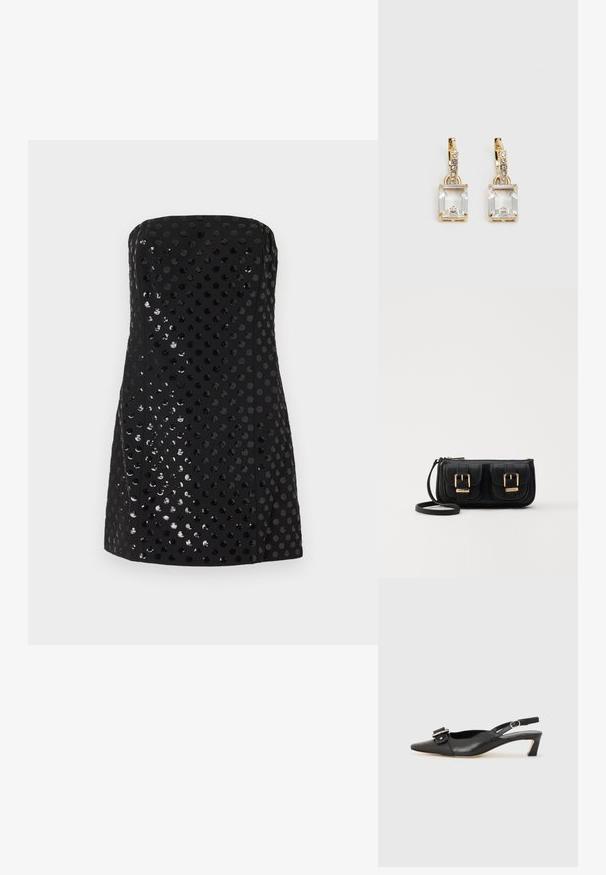 Μαύρο strapless φόρεμα με λαμπερούς, υφασματοποιημένους παλμούς σε κυκλικά σχέδια. Κοντός, στενός σχεδιασμός με λείο φινίρισμα.; Μαύρο δερμάτινο παπούτσι slingback με μυτερή μύτη, μικρό τακούνι και διακοσμητική αγκράφα στο πάνω μέρος. Σmooth υφή, μινιμαλιστικός σχεδιασμός.; Μαύρη δερμάτινη τσάντα ώμου με δύο μπροστινές τσέπες, χρυσά κούμπωματα, κλείσιμο με φερμουάρ και λεπτό λουρί. Υφή επιφάνειας και κομψό ορθογώνιο σχήμα.; Χρυσά σκουλαρίκια με ορθογώνιο, καθαρό κρύσταλλο που κρέμεται κάτω από μια σειρά μικρών, στρογγυλών, καθαρών λεπτομερειών. Λεπτός, σύγχρονος σχεδιασμός.