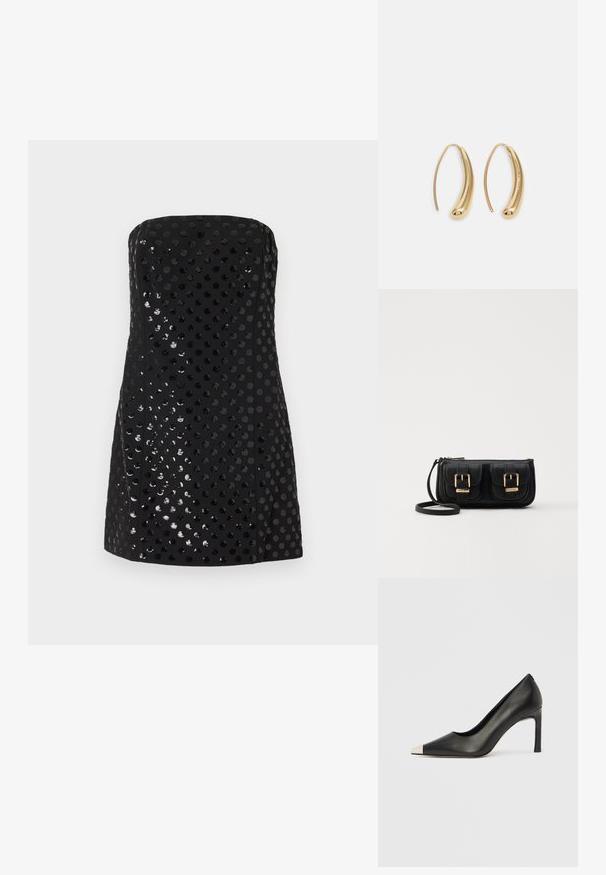 Mustat olkaimettomat mekot, joissa on kiiltäviä, teksturoiduista helmistä muodostuvia ympyräkuvioita. Lyhyt, vartalonmyötäinen muotoilu, jossa on sileä pinta.; Musta nahkainen korkokenkä, jossa on kärkiosa ja metallinen hopeanvärinen kärki. Kenkä on sileäpintainen ja siinä on kapea 10 cm korko.; Musta nahkainen olkalaukku, jossa on kaksi etutaskua, kultaiset soljet, vetoketjukiinnitys ja kapea hihna. Teksturoidun pinnan ja kompaktin suorakaiteen muoto.; Korvakorut kultasävytteistä metallista, joissa on kaareva, pitkänomainen muoto. Ominaisuuksiin kuuluu sileä, kiiltävä pinta ja pyöreä kärki lisäyksinä.