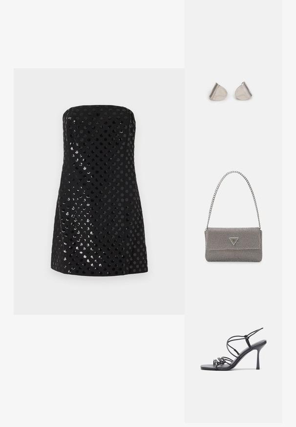 Fekete pánt nélküli ruha fényes, textúrált flitterekkel körkörös mintákkal. Rövid, testhez simuló kivitelezés sima felülettel.; Fekete magas sarkú szandálok vékony pántokkal, csomózott mintával, sima négyzetes orral és karcsú stiletto sarkal rendelkeznek.; Világosszürke fémes kézitáska lánc pánttal, kis kör alakú fém kifinomult díszítéssel és háromszög alakú márkagéppel.; Ezüst fém fülbevalók sima, csepp alakú formával és fényes felülettel. Finom gravírozások teszik részletessé. Minimalista dizájn.