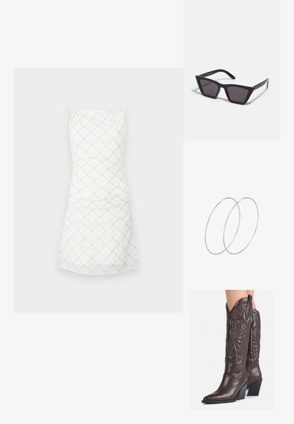Weißes Kleid mit einem karierten Muster in hellem Grau. Das Design umfasst ein tailliertes Oberteil mit Raffung und einen geraden, knielangen Rock.; Braune Leder-Cowboy-Stiefel mit spitzem Punkt und Blockabsatz, die über detaillierte Stickereien und hervorgehobene Akzente am Schaft verfügen.; Schwarze, eckige Sonnenbrille mit grauen Gläsern; aus Kunststoff gefertigt, mit dicken Bügeln, die eine glatte Oberfläche und keine sichtbaren Beschläge haben.; Silberne Creolen mit minimalistischem Design. Rundform, glatte Oberfläche und dünnes Profil. Leichtgewichtig mit hochglänzender Oberfläche.