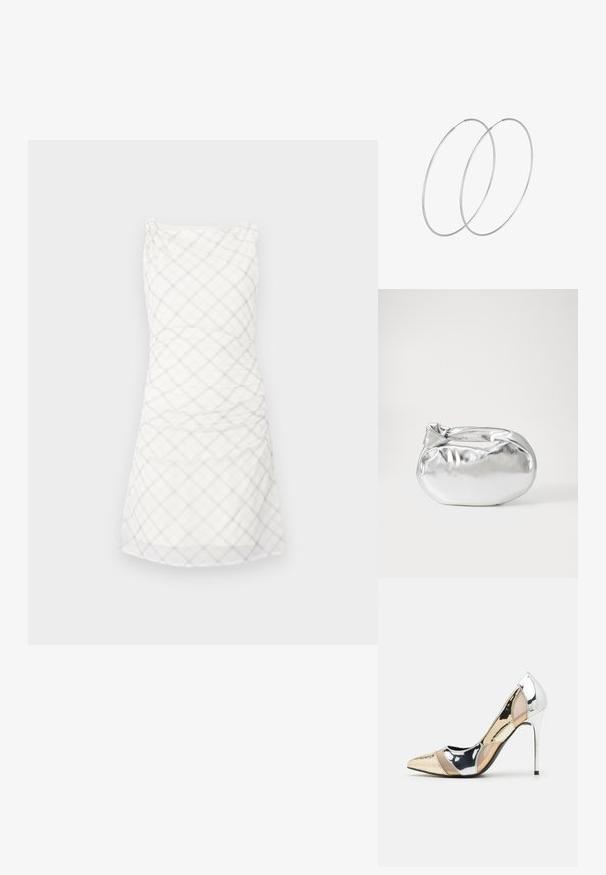 Balta suknelė su šviesiai pilku languotu raštu. Dizainą sudaro prigludusi liemenė su raukšlėmis ir tiesi, iki kelių siekianti sijonas.; Aštrus pirštas aukštakulnis batelis su sidabro, aukso ir nuogų spalvų deriniu. Blizgus paviršius su išpjovos dizainu, su stiletto kulnu.; Sidabrinė metalinė maišelio forma su švelnia, apvalia forma ir mazgu užveriamu viršumi. Pagaminta iš lygios dirbtinės odos medžiagos.; Sidabrinės pusmėnulio auskarai minimalistiniu dizainu. Apskritimo forma, lygus paviršius ir plonas profilis. Lengvi su poliruotu apdailu.