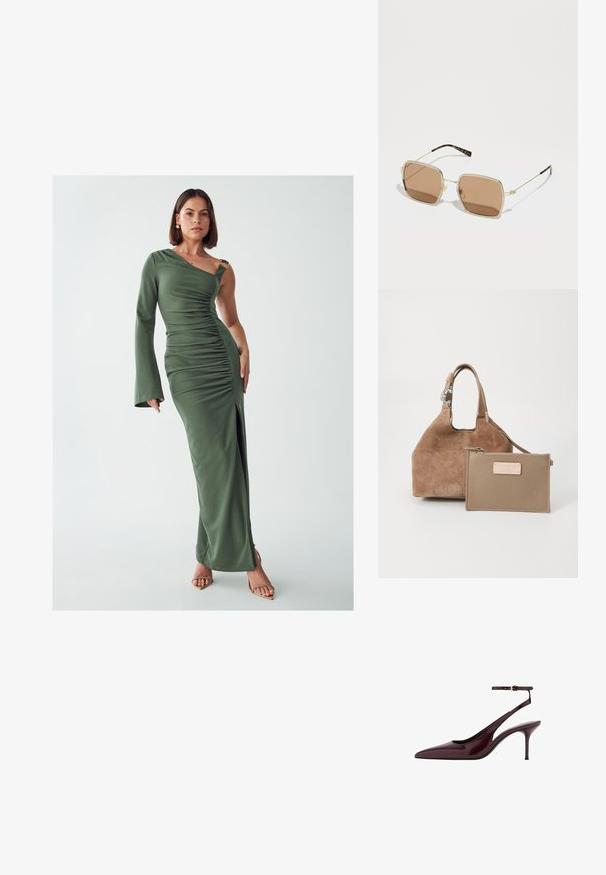 Abito maxi verde con una sola spalla, texture arricciata, spacco laterale e accessori in oro. Realizzato in un tessuto leggero e elasticizzato.; Décolleté slingback in pelle lucida bordeaux con punta affusolata, cinturino sottile alla caviglia e tacco a spillo di media altezza su sfondo bianco.; Occhiali da sole in metallo dorato con forma quadrata, lenti color marrone, e sottili accenti verdi e rossi sulla montatura. Bracci sottili e eleganti.; Borsa in suede marrone di forma arrotondata con manico corto. Presenta una pochette in pelle tan rimovibile con cerniera e accentuazione con logo.