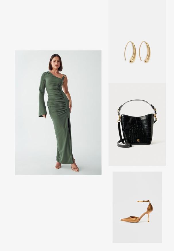 Green, one-shoulder maxi dress with ruched texture, a side slit, and gold hardware accent. Made of a smooth, stretchy fabric.; Metallic gold high-heeled pump with pointed toe, open side, and ankle strap. Smooth texture and shiny finish. 5-inch stiletto heel.; Black croc-embossed leather bag with a curved shape, gold hardware accents, an adjustable strap, and a logo detail at the front.; Gold-tone metal hoop earrings with a curved, elongated shape. Features a smooth, shiny surface and a rounded tip for added detail.