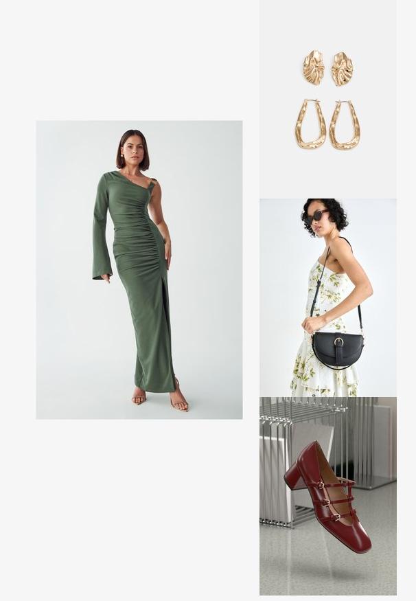Vestido maxi verde de un solo hombro con textura arrugada, una abertura lateral y acentos de hardware dorado. Está hecho de una tela lisa y elástica.; Zapato de charol rojo con punta cuadrada, tacón bloque de altura media y tres correas decorativas con hebillas en la parte delantera.; Bolso de piel negra con forma curva, correa desmontable y herrajes dorados. El bolso cuenta con una solapa con un detalle de hebilla.; Pendientes en tono dorado que presentan formas texturizadas y onduladas. Incluyen aros de clip esculturales y un diseño de aro abierto con un acabado martillado.