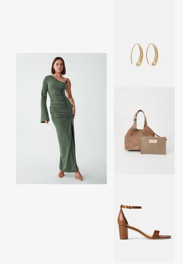 Groene, één-schouder maxi-jurk met gerimpelde textuur, een zij-split en gouden hardware details. Gemaakt van een soepele, rekbare stof.; Lauren Ralph Lauren LOGAN BURNISHED LEATHER SANDAL - Sandalen - deep saddle tan; Suède bruine handtas met een ronde vorm en een korte handgreep. Bevat een verwijderbaar tan leren zakje met een rits en logo-accent.; Gouden metalen oorbellen in de vorm van een gebogen, verlengde hoop. Kenmerkend zijn het gladde, glanzende oppervlak en de afgeronde punt voor extra detail.