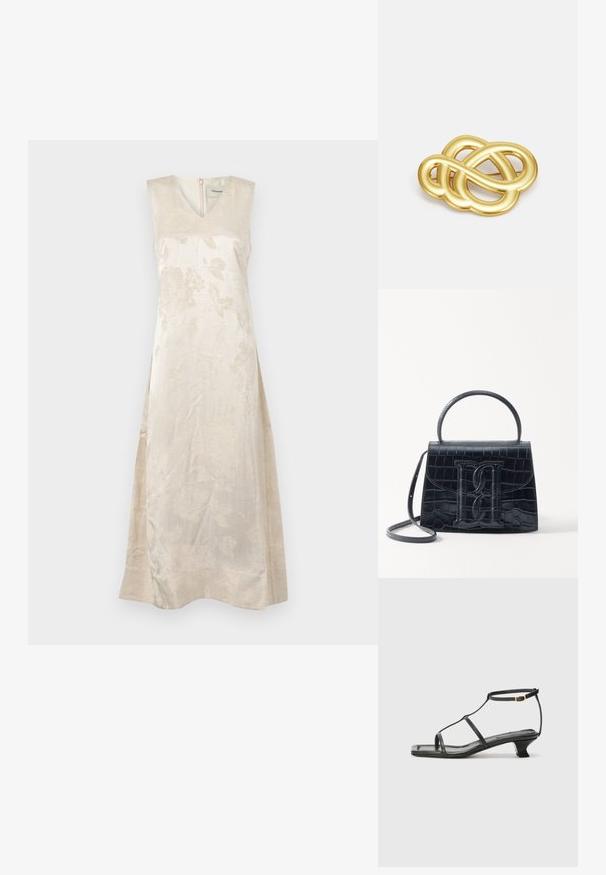 Αμάνικο φλοράλ φόρεμα σε ανοιχτό μπεζ ύφασμα; διαθέτει V-λαιμόκοψη και φερμουάρ στην πλάτη; ημι-διάφαστη υφή με διακριτική λάμψη.; Μαύρη δερμάτινη σανδάλι με τετράγωνη μύτη, λεπτές λωρίδες, ρυθμιζόμενη λωρίδα στον αστράγαλο και χαμηλό τακούνι. Διαθέτει μια μικρή χρυσή λεπτομέρεια στη λωρίδα.; Μαύρη τσάντα χεριού από δέρμα με ανάγλυφο σχέδιο κροκοδείλου, με δομημένο σχεδιασμό, επάνω χερούλι, ρυθμιζόμενο λουράκι και έντονη λεπτομέρεια λογότυπου μπροστά.; Μενταγιόν σε χρυσό τόνο με σχέδιο κόμπου, ομαλές, καμπύλες γραμμές και περίπλοκο σχήμα, που αντανακλά μια γυαλισμένη φινίρισμα.