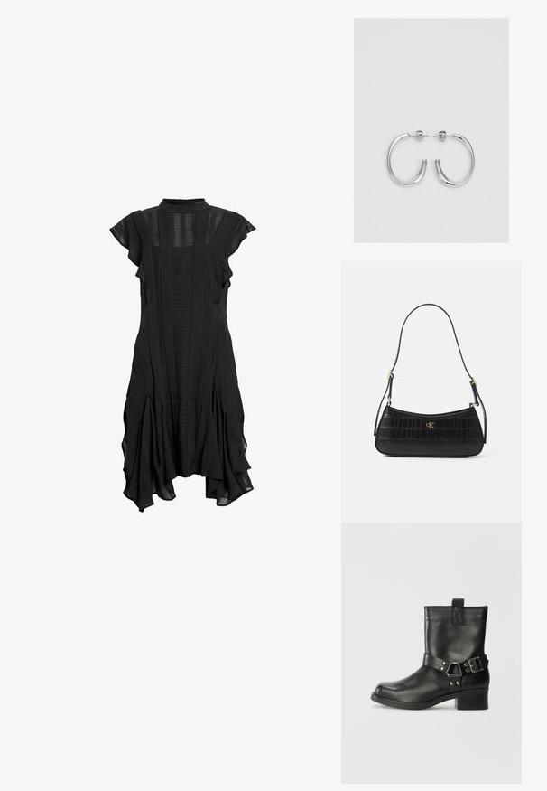 Juoda suknelė su aukštu apykakle, trumpomis sklandžios formos rankovėmis, tekstūruotais intarpais ir išplatintu sijonu, pasižyminti lygaus ir raštuoto audinio deriniu.; Samsøe Samsøe SABRENTA - Kaubojiški / motociklininko stiliaus aulinukai - black; Juodas odinis rankinis krepšys su krokodilo tekstūra, siauras siluetas ir auksinės detalės. Yra viena petneša ir įspaustos logotipo detalės.; Sidabrinės auskarai žiedai su lygiu, blizgiu paviršiumi. Suapvalinta forma, lengvas dizainas, su uždarymu ant smeigtuko.