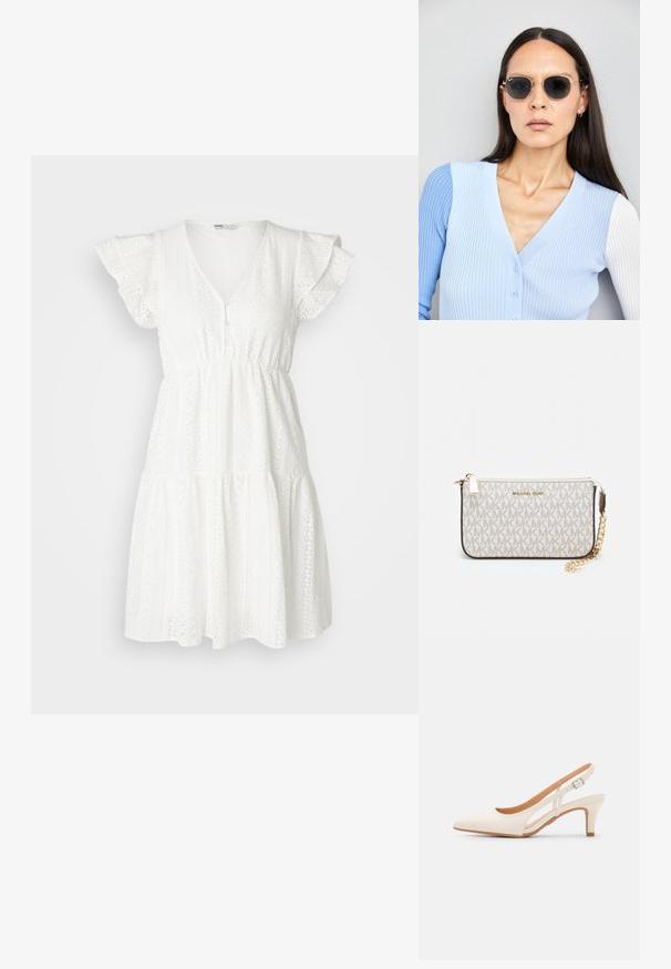 Vestido blanco hecho de tejido texturizado con detalles de ojal, mangas cortas con volantes, un escote en V y un diseño de falda en capas.; Zapato de tacón de tirantes blanco con punta afilada, material superior liso, tacón bajo y diseño con corte lateral con correa ajustable.; Gafas de sol redondas con lentes oscuros y montura dorada. El modelo lleva un cárdigan de canalé azul claro con botones y mangas blancas en contraste.; Monedero de muñeca Michael Kors en lona recubierta beige que presenta un patrón repetido del logo MK, herrajes dorados y una correa de cadena desmontable.