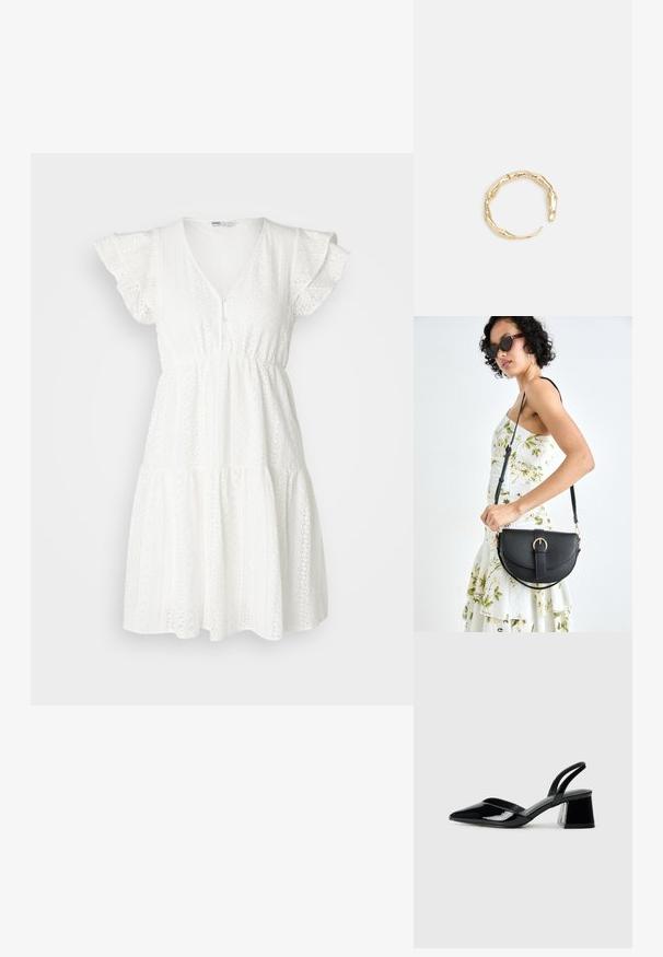 Bjela haljina od teksturiranog materijala sa detaljima od čipkastih rupica, kratkim volanastim rukavima, V-izrezom i dizajnom sa slojevima suknje.; Crne lakirane kožne sandale s otvorenom petom i špicastim vrhom, s geometrijskom blok petom. Imaju elegantan, minimalistički dizajn i glatku teksturu.; Crna kožna torba s lukovitim oblikom, odvojivim remenom i zlatnim detaljima. Torba ima preklop s kopčom.; Prsten u zlatnoj nijansi s organskim, uvijenim dizajnom, glatkom teksturom i suženim krajevima, koji stvara moderan, skulpturalni izgled.