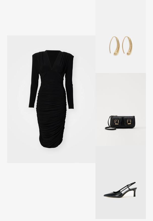 Svart langermet kjole med V-hals, rynket design, glatt tekstur og figurnær silhuett, som smalner inn ved kneet.; Sorte patent slingback hæl med spids tå, featuring tekstureret slangeskind, justerbar rem og en kort, tekstureret blokhæl.; Svart skinn crossbody veske med to frontlommer, gyldne spenner, glidelåslukking og en slank stropp. Teksturert overflate og kompakt rektangulær form.; Gullfargede metalløredobber med en buet, forlenget form. Har en jevn, blank overflate og en avrundet tupp for ekstra detaljer.
