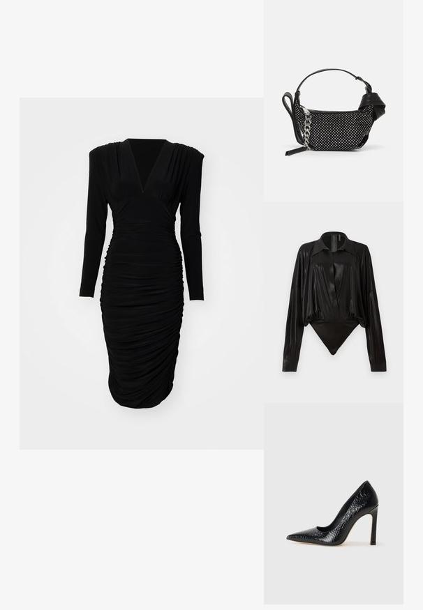Sort langærmet kjole med V-udskæring, rynket design, glat tekstur og tætsiddende silhuet, der snævrer ind ved knæet.; Sort bodysuit med lange ærmer, V-hals og en tætsiddende silhuet. Fremstillet af skinnende, glat stof med en struktureret krave og manchetter.; Sorte spidse tå stiletto-sko i krokodilleskind med et strømlinet design, høj hæl og glat sort inderside.; Sort håndtaske med naglede dekorationer, en kædestrop og et glat læderhåndtag, med en rund form og en lynlåslomme.