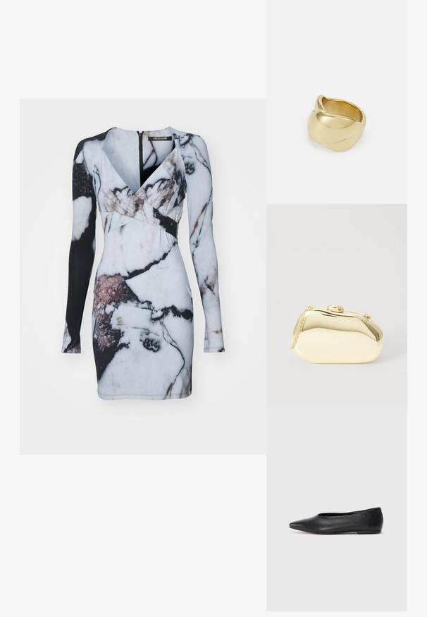 Vestido de mangas longas com um padrão de mármore em branco, preto e toques de rosa, com silhueta ajustada e um decote em V profundo.; Bailarina de couro preto, bico fino, design minimalista, textura suave, salto baixo, sem hardware ou embelezamentos visíveis.; Clutch metálico dourado com uma forma suave e arredondada, apresentando um fecho de botão superior e uma pequena alça em corrente para transporte.; Anel dourado com um design liso e torcido. Apresenta uma superfície polida e bordas arredondadas, criando uma forma fluida e sem costura.