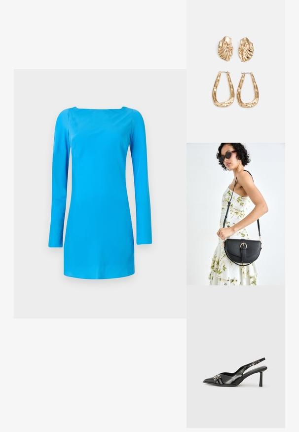 Sinine pika varrukaga kleit ruudukujulise dekolteega. Valmistatud siledast, läikivast kangast, piht väljakujutav ja minimaalsete detailidega.; Must musta nahk kingad sanga ja terava ninaga, ankle strapidega, millel on hõbedased pandlad ja riistvara ning õhuke konts.; Mustmust mustraha kõverate joontega, eemaldatava rihmaga ja kuldsete detailidega. Kotil on klapp, millel on pandladetail.; Kuldse värvi kõrvarõngad, mis on kaunistatud tekstuursete ja laineliste kujunditega. Komplektis on skulpturaalsed klamber kõrvarõngad ja avatud rõngasdisain, millel on lõhestatud viimistlus.