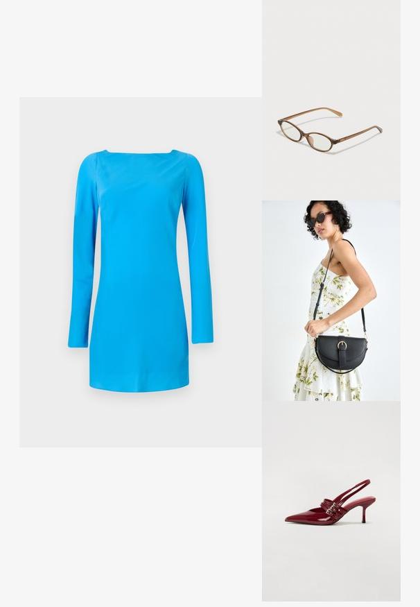 Vestido azul de manga larga con escote cuadrado. Fabricado en una tela suave y brillante con una silueta ajustada y un mínimo de detalles.; Zapatos de tacón tipo slingback en charol rojo con punta afilada, dos correas con hebilla y un tacón de stiletto delgado y de altura media. Textura suave.; Gafas de carey marrón con lentes ovalados, patas delgadas y acentos transparentes. Presenta un sutil logo en la varilla. Diseño elegante y ligero.; Bolso de piel negra con forma curva, correa desmontable y herrajes dorados. El bolso cuenta con una solapa con un detalle de hebilla.
