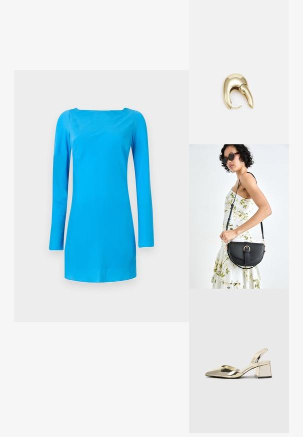 Robe longue bleue à manches longues avec un décolleté carré. Fabriquée en tissu lisse et brillant, avec une silhouette ajustée et un minimum de détails.; Talons aiguilles dorés métalliques avec un bout pointu et un talon épais. Texture lisse, design minimaliste et une fine bride.; Sac à main en cuir noir avec une forme courbée, bandoulière amovible et des accessoires en or. Le sac est doté d'un rabat avec un détail de boucle.; Boucle d'oreille en métal doré avec un design élégant et courbé. Présente une forme conique distinctive, une surface polie et une fermeture à charnière.