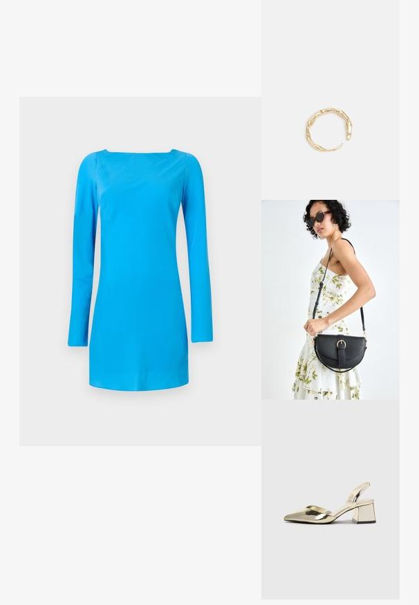 Robe longue bleue à manches longues avec un décolleté carré. Fabriquée en tissu lisse et brillant, avec une silhouette ajustée et un minimum de détails.; Talons aiguilles dorés métalliques avec un bout pointu et un talon épais. Texture lisse, design minimaliste et une fine bride.; Sac à main en cuir noir avec une forme courbée, bandoulière amovible et des accessoires en or. Le sac est doté d'un rabat avec un détail de boucle.; Bague en or ornée d'un design organique et torsadé, avec une texture lisse et des extrémités effilées, créant une apparence moderne et sculpturale.