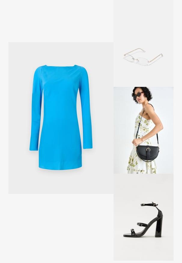 Sininen pitkähihaisessa mekossa on neliömäinen pääntie. Se on valmistettu sileästä, kiiltävästä kankaasta, ja siinä on vartalonmyötäinen siluetti sekä vähäisiä yksityiskohtia.; Musta kiiltävä korkokenkä sandaalit neliönmuotoisella varpaalla, nilkkaremmillä ja hopeisilla soljilla. Varustettu tukevalla lohkokorkealla vakauden takaamiseksi.; Kultaiset metalliset silmälasit, joissa on ovaalit linssit, kapeat tangot ja läpinäkyvät nenätyynyt. Ominaisuuksiin kuuluvat hienovaraiset saranaakkoset ja läpinäkyvät linssit.; Musta nahkainen käsilaukku, joka on kaareva muotoilultaan, irrotettavalla hihnalla ja kultaisilla yksityiskohdilla. Laukussa on läppä, jossa on solk yksityiskohta.