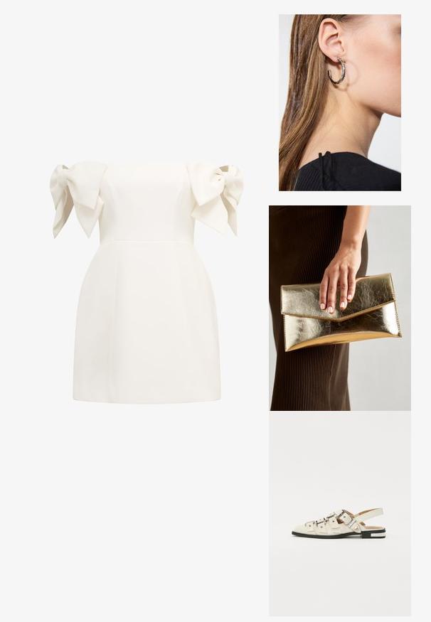 Balta suknelė be petnešų su dideliais kaspinais ant rankovių, prigludusi liemenėlė ir išsiplėtusi apatinė dalis. Lygi tekstūra, minimalistinis dizainas.; Balno sandalai, pagaminti iš baltos odos, su keliais plačiais diržais ir sidabro spalvos sagtimis; plokščias padas su mažu juodu kulniuku ir metaliniais akcentais.; Auksinės metalinės rankinės su lygiu paviršiumi, kuri turi trikampio formos užsegimą. Ranką laikančioji turi tvarkingai prižiūrėtus nagus.; Sidabrinė lankinė auskarai su poliruotu paviršiumi, turintys mažus auksinius akcentus ir apvalią formą, dėvimi ant ausies kaušelio.