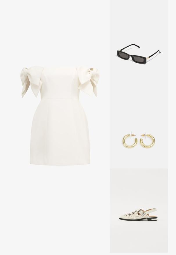 Vállnélküli fehér ruha nagy masni díszítéssel a ujjaknál, testhez simuló bodice és bővülő hem. Simább textúra, minimalista design.; Fehér bőr slingback szandál, több széles pánttal és ezüst csatokkal; lapos talp, kis fekete sarokkal és fémes díszítésekkel.; Fekete téglalap alakú napszemüveg sötét lencsékkel, fényes műanyag kerettel, arany díszítéssel az temples. Minimalista design és elegáns forma.; Arany fülbevalók sima, fényes felülettel. Kör alakú dizájn, amely kis kapoccsal és átlátszó tartozékkal rendelkezik a biztonságos viselés érdekében.