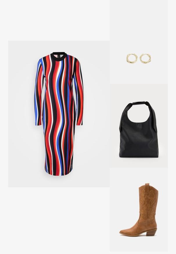 Langarm jurk met een meerkleurig golvend patroon in rood, blauw, wit en zwart. Gemaakt van ribbelstof, met een ronde halsontwerp.; Tan leren cowboylaars met puntige neus, geborduurde spiraalpatronen op de schacht en een gestapelde blokhak. Voorzien van een trekband voor gemakkelijke aan- en uittrekken.; Zwarte leren hobo-tas met een enkele, zachte, afgeronde handgreep; heeft een gladde textuur en een minimalistisch ontwerp. Geen zichtbare hardware of accenten.; Gouden creolen met een textuur en onregelmatige vorm. Voorzien van een naadloze sluiting en een gepolijste afwerking, wat het moderne ontwerp benadrukt.