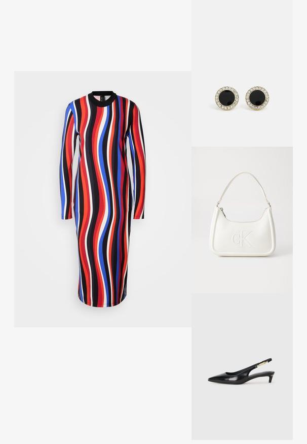 Pikad varrukad ja mitmevärvilise lainelise mustriga kleit, mis sisaldab punast, sinist, valget ja musta. Valmistatud ribakudetest, ümar kaelus.; Mustad nahast slingback kontsad terava ninaga, millel on õhuke konts ja kuldse tooni aktsent reguleeritaval rihmal. Sile tekstuur.; Valge nahast käekott, millel on kumer kuju, esiküljel on reljeefne "CK" logo ja üks õlavarre rihm. Ülemine tõmblukkuu.; DKNY INLAY STUD - Kõrvarõngad - black/gold-coloured