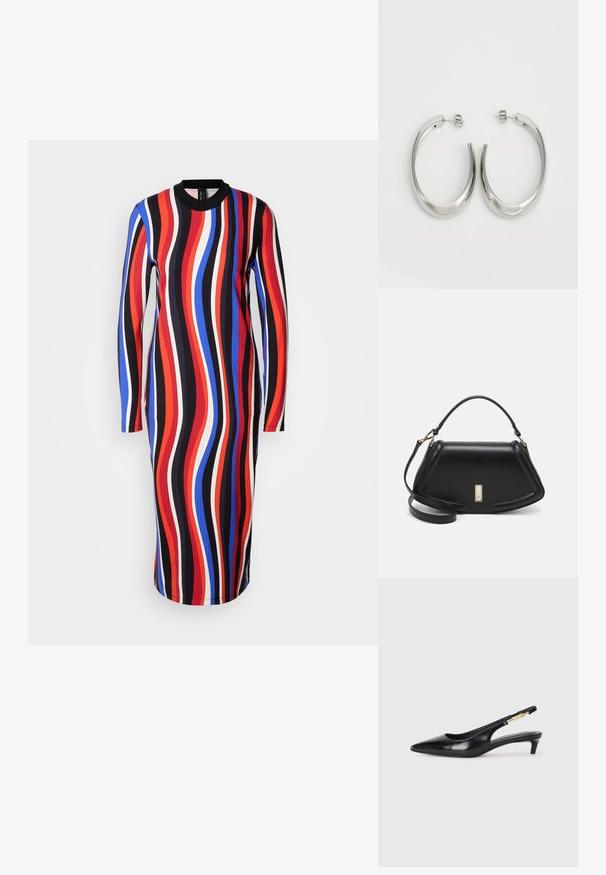 Robe à manches longues avec un motif ondulé multicolore en rouge, bleu, blanc et noir. Fabriquée en tissu côtelé, avec un design à col rond.; Talons hauts en cuir noir avec un bout pointu, dotés d'un talon fin et d'un accent en ton or sur la lanière réglable. Texture lisse.; Sac à main en cuir noir avec un design structuré, featuring une forme cropped, une poignée supérieure et des accents en matériel doré. Bandoulière réglable incluse.; Boucles d'oreilles en argent avec un design lisse et courbé. Présentent une finition métallique brillante et une fermeture à clou. Pas de motifs ou d'accents visibles.