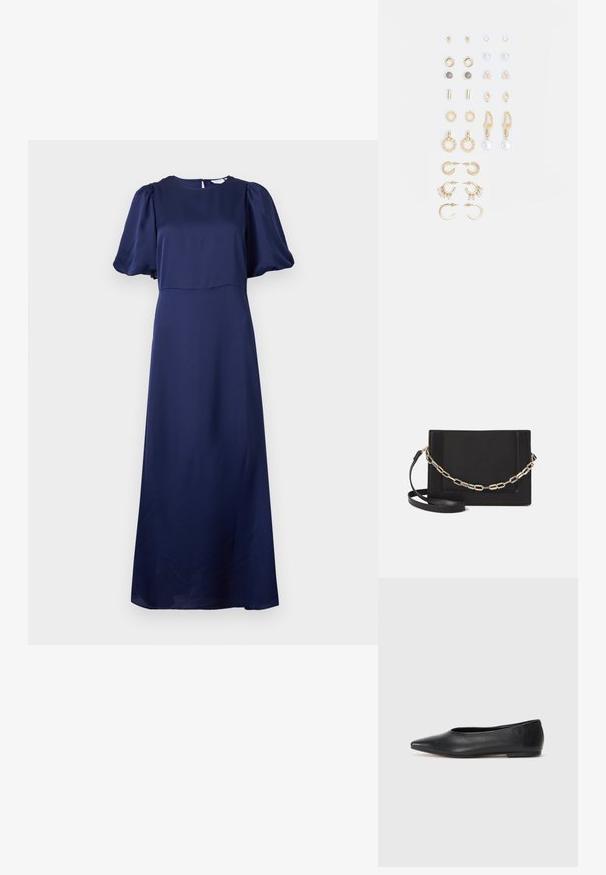 Tumši zils midi kleita ar puffētiem īsiem piedurknēm, apaļu kakla izgriezumu un atvērumu ar pogu aizmugurē.; Melna ādas baleta kurpe, ar norādītu purngalu, minimālisma dizains, gluda tekstūra, zema papēža augstums, bez redzamiem aksesuāriem vai rotājumiem.; Melna ādas crossbody soma ar gludu faktūru, taisnstūrveida formu un metalizētu ķēdes detaļu priekšā. Iekļauta regulējama siksna.; Zeltainā tonī auskari, kas iekļauj dažādus dizainus, tostarp pīrsingu, gredzenus un karājošus elementus ar pērlēm un rhinestones.