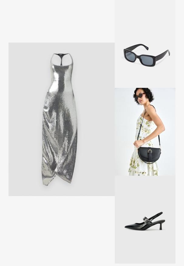 Stříbrné flitrové šaty s přiléhavým střihem, s halter výstřihem a asymetrickým lemem. Hladká textura s reflexním povrchem.; Černé lakované boty na podpatku typu slingback s špičatou špičkou a malým blokovým podpatkem, které mají na pásku stříbrný přezkový akcent.; Černé obdélníkové sluneční brýle s tmavými skleněnými čočkami, silným plastovým rámem a širokými spánky. Hladký povrch a hranatý design.; Černá kožená kabelka s křivkovým tvarem, odnímatelným popruhem a zlatými detaily. Kabelka má klopu s přezkou.