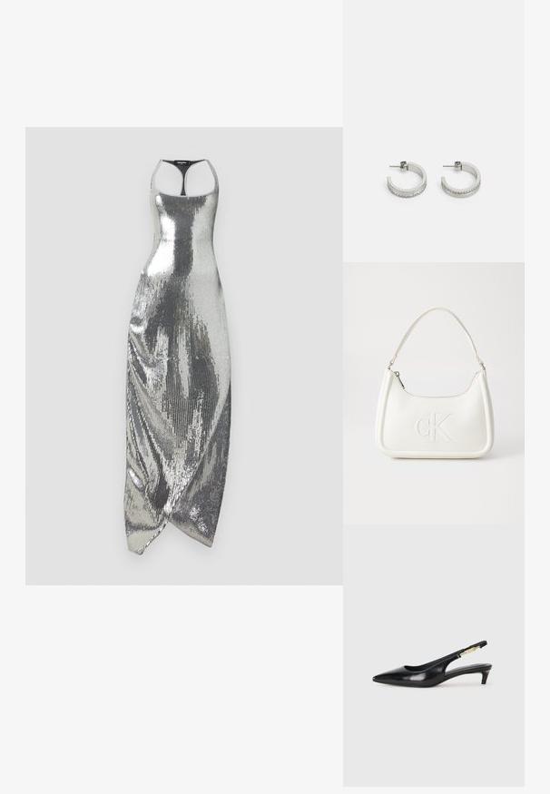 Hõbedaste litritega kleit, mis on keha järgiva lõikega, kaelaosas nööriga ning asümmeetrilise äärega. Sile tekstuur ja peegeldav pind.; Mustad nahast slingback kontsad terava ninaga, millel on õhuke konts ja kuldse tooni aktsent reguleeritaval rihmal. Sile tekstuur.; Valge nahast käekott, millel on kumer kuju, esiküljel on reljeefne "CK" logo ja üks õlavarre rihm. Ülemine tõmblukkuu.; Hõbedased rõngaskõrvarõngad, mis kujutavad endast siledat pinda ja ülemineku alumise serva ääres väikeste selgete kividega, tagaküljel on kinnituseks postkinnitus.