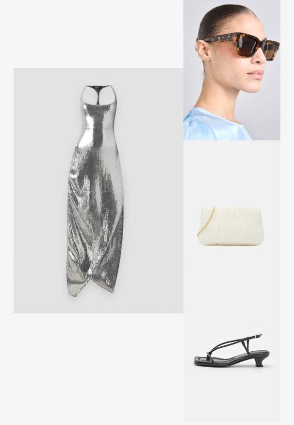 Zilverkleurige jurk met pailletten en een aansluitend ontwerp, voorzien van een halterhals en een asymmetrische zoom. Gladde textuur met een reflecterend oppervlak.; Zwarte leren sandaal met dunne banden, lage blokhak en vierkante neus. Heeft een gespsluiting en een zachte textuur.; Schildpaddenbril met een robuust, rechthoekig montuur. Donkere lenzen en goudkleurige accenten op de veren. Gladde, glanzende afwerking.; Witte textuur clutch bag met een geplooide ontwerp, voorzien van een gouden kettingriem. Gladde afwerking met subtiele golven en afgeronde randen.; Zilveren pareloorbellen met een gebogen, boonvorm. Glad, glanzend oppervlak en bevestigd met een post en achterkantsluiting.