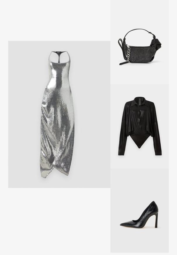 Silbernes Paillettenkleid mit figurbetontem Design, ausgestattet mit einem Neckholder-Ausschnitt und asymmetrischem Saum. Glatte Textur mit reflektierender Oberfläche.; Schwarzer Body mit langen Ärmeln, V-Ausschnitt und figurnaher Silhouette. Hergestellt aus glänzendem, glattem Stoff mit einem strukturierten Kragen und Manschetten.; Schwarzer, spitz zulaufender High Heel mit Krokodilleder-Struktur, elegantem Design, hohem Stiletto-Absatz und glattem schwarzen Innenraum.; Schwarze Handtasche mit Nietenverzierungen, einer Kettenriemen und einem glatten Ledergriff, in runder Form und mit einem Reißverschlussfach.