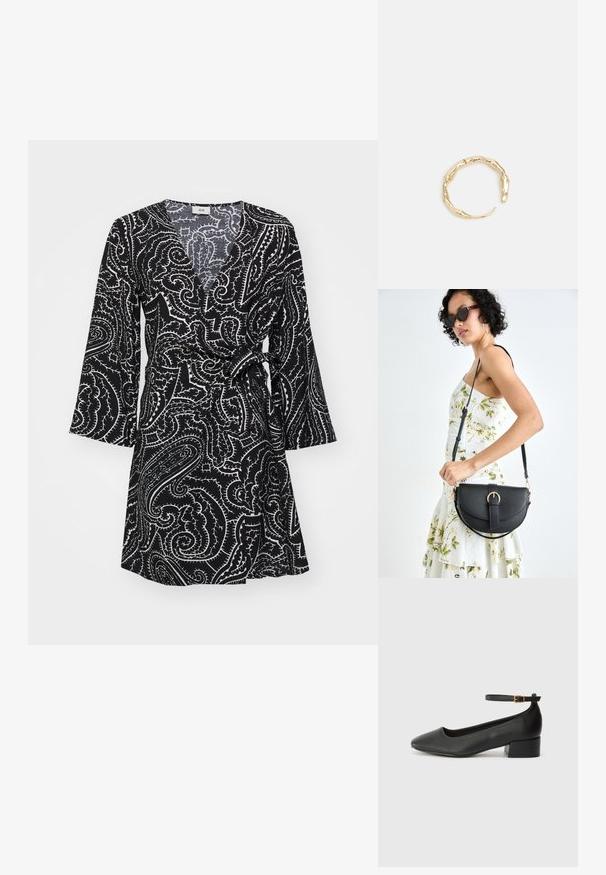 Juoda suknelė su įvyniojamu dizainu, puošta balto paisley raštais, V formos iškirpte, ilgomis rankovėmis ir surišamu juosmens detaliu. Pagaminta iš lengvos medžiagos.; Juodas odinis aukštakulnis batelis su smailiu pirštu ir žemu bloku. Su kulkšnies dirželiu su auksinės spalvos sagtimi. Lygus paviršius.; Juodas odinis krepšys su išlenkta forma, nuimamu dirželiu ir auksiniais detalėmis. Krepšys turi kilpą su sagtimi.; Auksinės spalvos žiedas, turintis organišką, sukimosi dizainą su lygiu paviršiumi ir siaurėjančiais galais, sukuriantis modernią skulptūrinę išvaizdą.