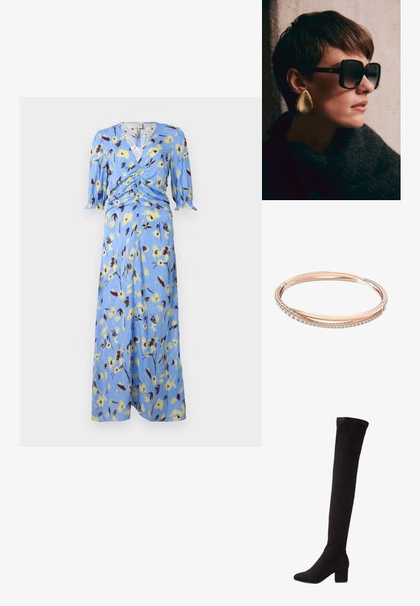 Mėlyna gėlių midi suknelė su įvyniojimo dizainu, susiraukšlėjimu juosmens srityje ir trimis ketvirtadaliais žandikaulio su elastinėmis rankovėmis.; Ilgai iki kelių juodos zomšinės botai su blokuotu kulnu, turintys lygaus paviršiaus tekstūrą ir prigludusį dizainą, išsikišusį virš kelio.; Juodos per dideles saulės akinius su tamsiais lęšiais ir auksiniais akcentais, derinami su dideliu, blizgiu auksiniu ašaros formos auskaru. Tamsi tekstūruota šalikė.; Rožinio aukso apyrankė su dviem tarpusavyje susijungusiais žiedais, vienas iš jų puošia deimantų eilė, glotni paviršius ir sklandūs kraštai.