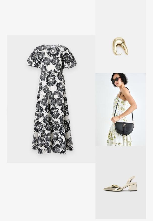 Juodas ir baltas maxi suknelė su gėlių raštu, apvaliu kaklu, pūstomis rankovėmis ir daugiasluoksniu sijonu. Pagaminta iš lengvos medžiagos.; Auksiniai, metaliniai slingback aukštakulniai bateliai su smailiu pirštu ir masyviu kulnu. Lygus paviršius, minimalizmo dizainas ir siaura juostelė.; Juodas odinis krepšys su išlenkta forma, nuimamu dirželiu ir auksiniais detalėmis. Krepšys turi kilpą su sagtimi.; Aukso tono metalinės auskarai su stilingu, kreiviu dizainu. Išsiskiria ryškiu smailiu pavidalu, poliruota paviršiumi ir užsegimu su vyriu.