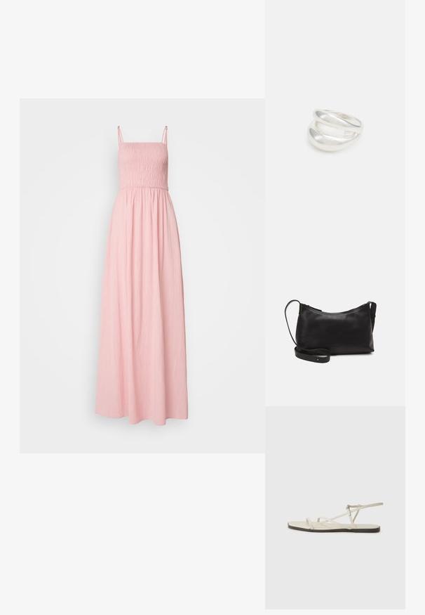 Vero Moda Tall VMCAMMI SINGLET SMOCK DRESS - Maxi šaty - peaches n cream; Béžové ploché sandále s viacerými štíhlymi popruhmi a nastaviteľnou prackou. Podrážka je plochá s jemným tmavým kontrastom na okraji.; Čierna kožená ramenná taška s hladkou textúrou, zakriveným tvarom, nastaviteľným popruhom a zipsom. Minimalistický dizajn bez ozdôb.; Strieborný prsteň s dvojitým pásikom s hladkým, lesklým povrchom. Má plynulý, zakrivený dizajn s prekryvajúcimi sa časťami pre moderný vzhľad.