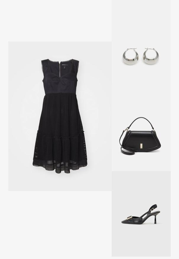 Musta mekko, jossa on tiukka yläosa ja liehuva verkkohame. Sisältää koristeellista ompelua hartioissa ja vetoketjun takana.; Mustat nahkasaappaat, joissa on kärki, kapea korko ja kultasävyinen koriste etuosassa. Silkkinen pinta ja jämäkkä muotoilu.; Mustalla nahkalaukulla, jossa on jämäkkä muotoilu, lyhyt malli, yläkahva ja kultaiset yksityiskohdat. Säädettävä olkahihna sisältyy.; Hopepronssi metalliset korvakorut, joissa on sileä, kiiltävä pinta ja rakenteellinen, pyöristetty muotoilu. Varustettu käänteellisellä lukolla turvallista käyttöä varten.