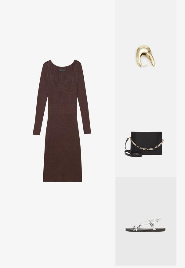 pruun ribaga pikkade varrukatega kleit avatud kaelusega ja keha lähedase siluettiga. Sisaldab V-kujulist õmblusdetaili kehaosas.; Hõbedased metallilised sandaalid minimalistliku disainiga, millel on õhukesed rihmad ja must lamellõhk. Tunnusjoonte hulka kuuluvad risti asetatud rihmad.; Mustast nahast õlakott, mis omab siledat tekstuuri, ristküliku kuju ning esiküljel metallketi detaili. Reguleeritav rihm on kaasas.; Kuldtooni metallist kõrvarõngas, millel on elegantne ja kaarjas disain. Omab silmapaistvat teravat kuju, poleeritud pinda ja hingesulgemist.