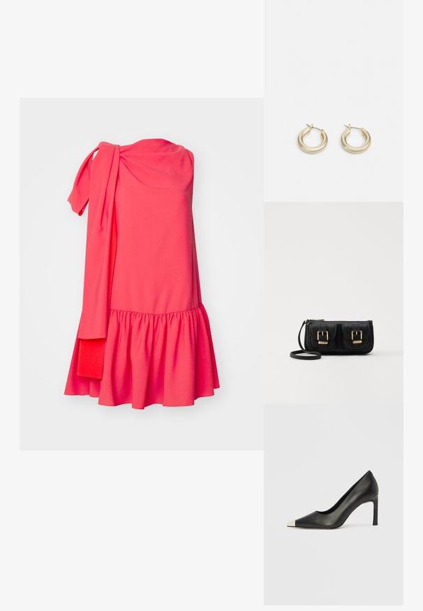 Roksanda SOLENNE DRESS - Kokteilinė suknelė / vakarėlių suknelė - light hibiscus/deep sienna; Juodas odinis aukštakulnis batelis su smailia nosimi ir metaliniu sidabriniu galiuku. Turi lygų paviršių ir ploną 10 cm kulną.; Juodas odinis per petį nešiojamas krepšys su dviem priekiniais kišenėmis, auksiniais sagtimis, užtrauktuko uždarymu ir siauromis petnešomis. Textūruota paviršius ir kompaktiškas stačiakampis formatas.; Lauren Ralph Lauren BASIC SMALL HOOP - Auskarai - gold-coloured