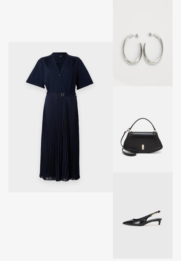 Marinblå klänning med korta ärmar, knäppning fram, och plisserad kjol som säkras med ett bälte med metallspänne. Slät tygtextur.; Svart läder slingback-hälar med spetsig tå, med en smal klack och en guldtonad detalj på den justerbara remmen. Slät textur.; Svart läderhandväska med en strukturerad design, som har en avskuren form, ett handtag upptill och guldiga detaljer. Justerbar axelrem ingår.; Silverfärgade hoopsörhängen med en slät, böjd design. Har en glänsande metallisk yta och ett stiftlås. Inga synliga mönster eller detaljer.