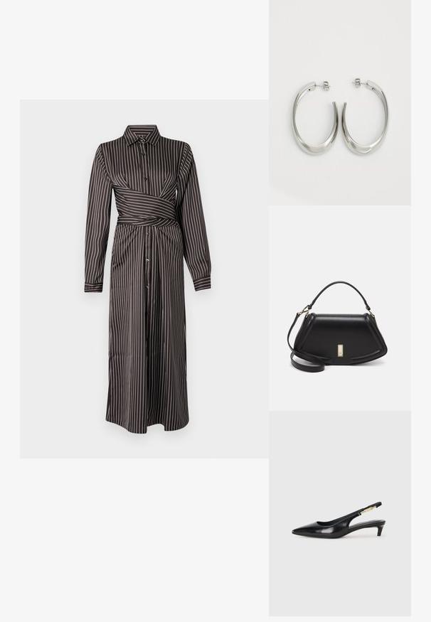 Φόρεμα πουκαμίσα με ριγέ σχέδιο σε άσπρο και μαύρο, με γιακά, μακρύ μανίκι, κουμπιά μπροστά, λεπτομέρεια ζώνης στη μέση και φούστα μέχρι το γόνατο. Λείο υλικό.; Μαύρες δερμάτινες γόβες slingback με μυτερή μύτη, διαθέτοντας λεπτό τακούνι και χρυσή λεπτομέρεια στην ρυθμιζόμενη λωρίδα. Λείος υφές.; Μαύρη δερμάτινη τσάντα με δομημένο σχέδιο, που διαθέτει κομμένο σχήμα, επάνω λαβή και χρυσά μεταλλικά στοιχεία. Περιλαμβάνει ρυθμιζόμενο λουρί ώμου.; Ασημένια σκουλαρίκια κρίκοι με μαλακή, καμπυλωτή σχεδίαση. Διαθέτουν γυαλιστερή μεταλλική υφή και κλείσιμο με σφίγγα. Χωρίς ορατά μοτίβα ή διακοσμήσεις.